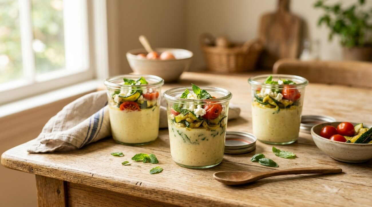 Uova al Vapore in Vasetto con Zucchine, Feta e Menta