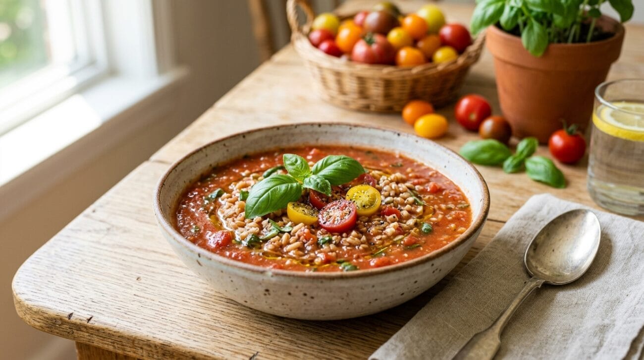 Zuppa Fredda di Pomodoro, Farro e Basilico (la Gazpacho Style Anti Caldo)
