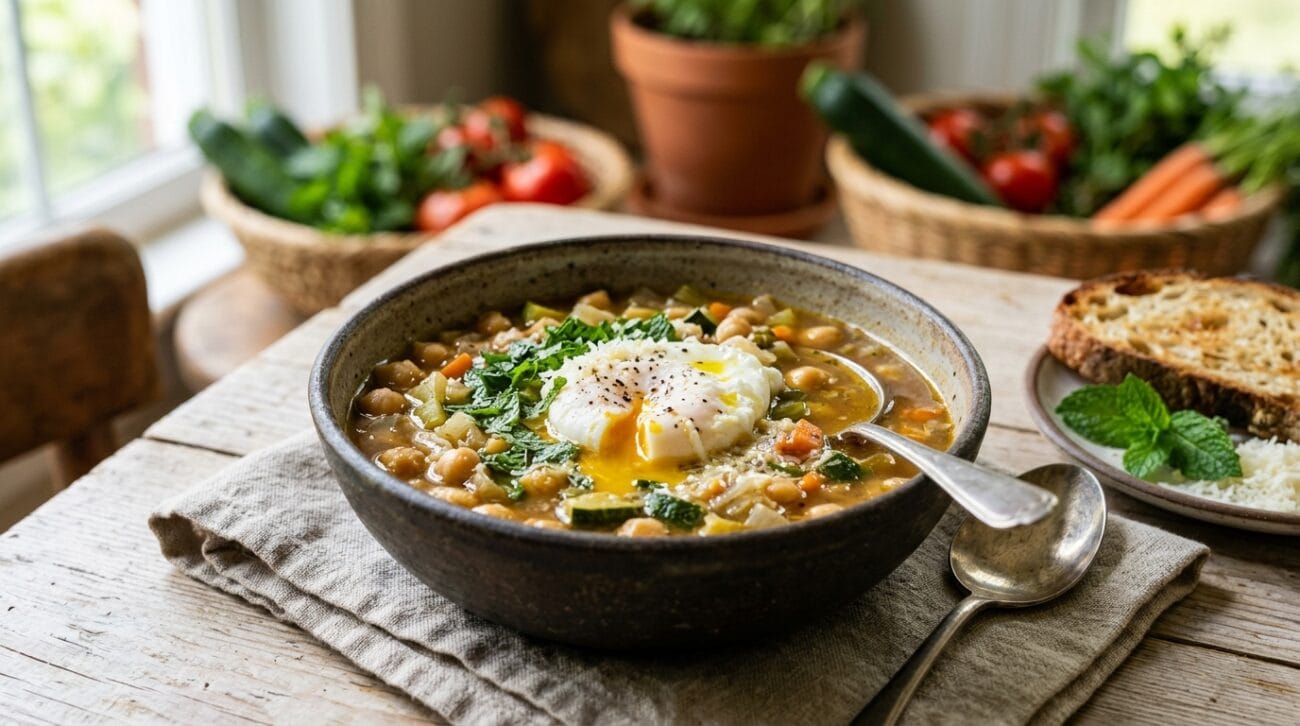 Zuppa Tiepida di Ceci, Zucchine e Menta con Uovo in Camicia