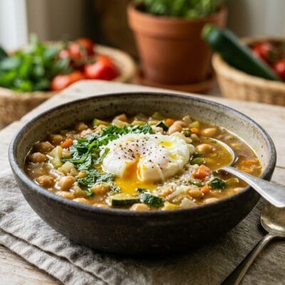 Zuppa Tiepida di Ceci, Zucchine e Menta con Uovo in Camicia