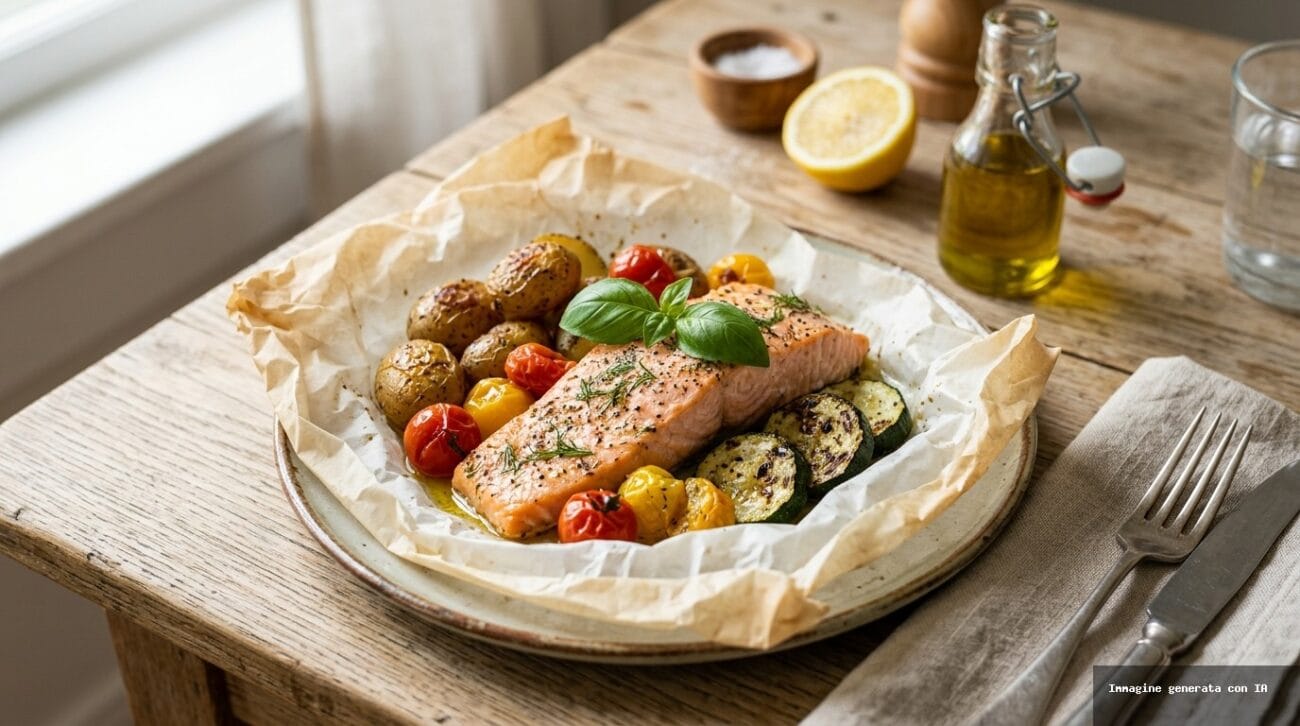 Cartoccio Di Salmone Al Forno Con Patate Novelle E Pomodorini Di Fine Estate