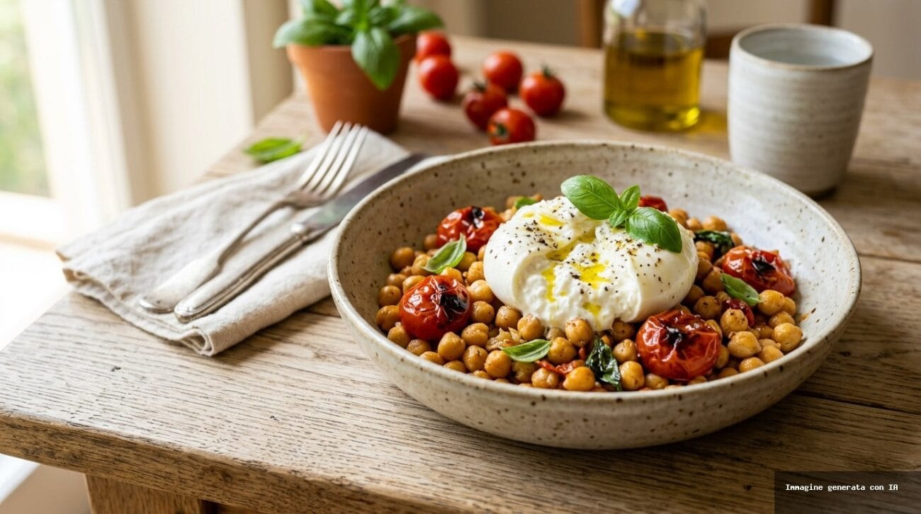 Ceci Saltati in Padella con Pomodorini Confit e Burrata