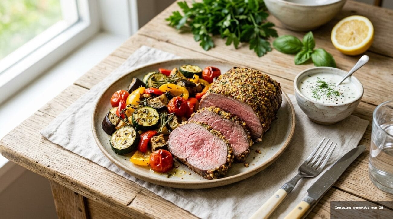 Girello di Manzo in Crosta di Senape con Verdure Estive al Forno
