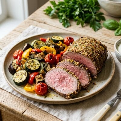 Girello di Manzo in Crosta di Senape con Verdure Estive al Forno