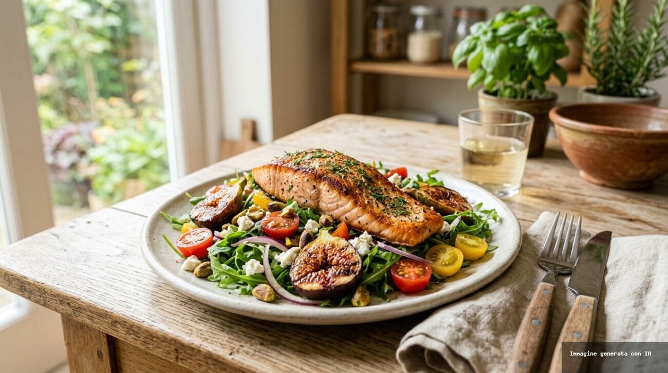 Insalata di Salmone Scottato con Fichi Grigliati e Rucola