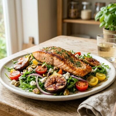 Insalata di Salmone Scottato con Fichi Grigliati e Rucola