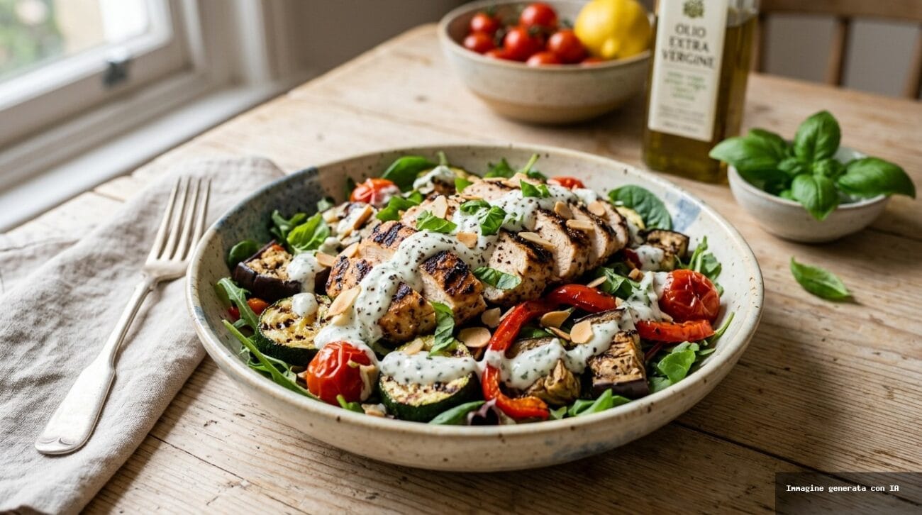 Insalata Tiepida di Pollo Grigliato con Verdure d’Estate e Crema allo Yogurt