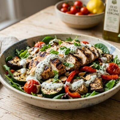 Insalata Tiepida di Pollo Grigliato con Verdure d'Estate e Crema allo Yogurt