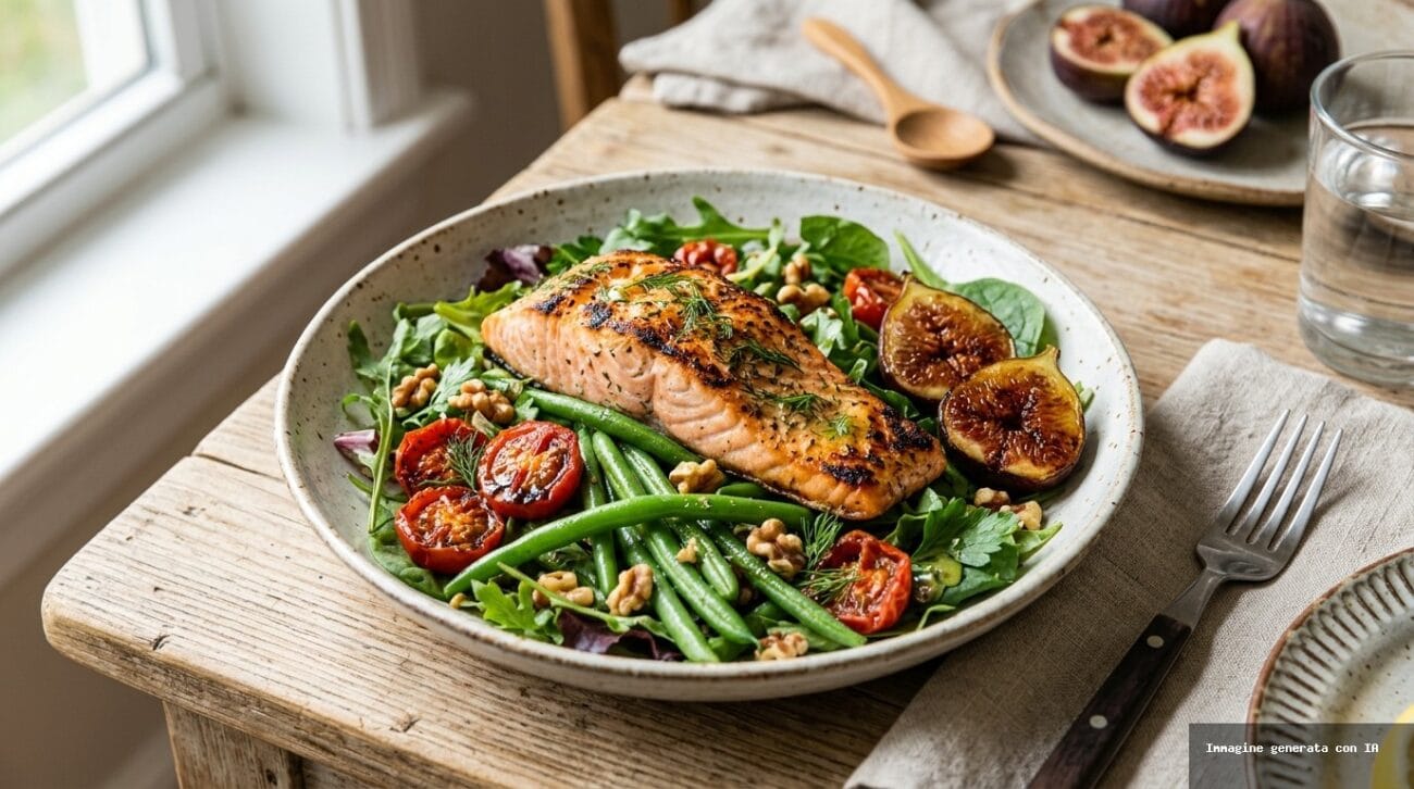 Insalata Tiepida di Salmone con Fagiolini, Pomodorini Arrostiti e Fichi Grigliati