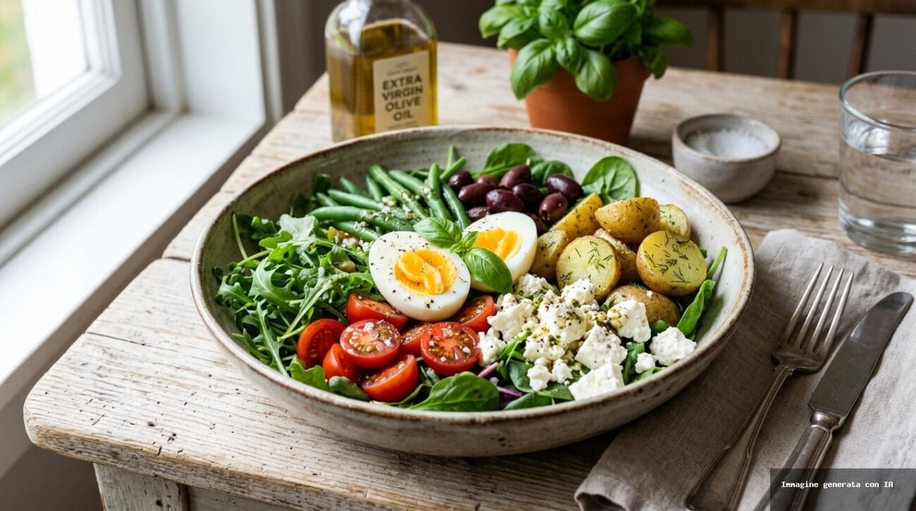 Insalatona Proteica di Uova Sode, Fagiolini e Patate con Feta e Olive