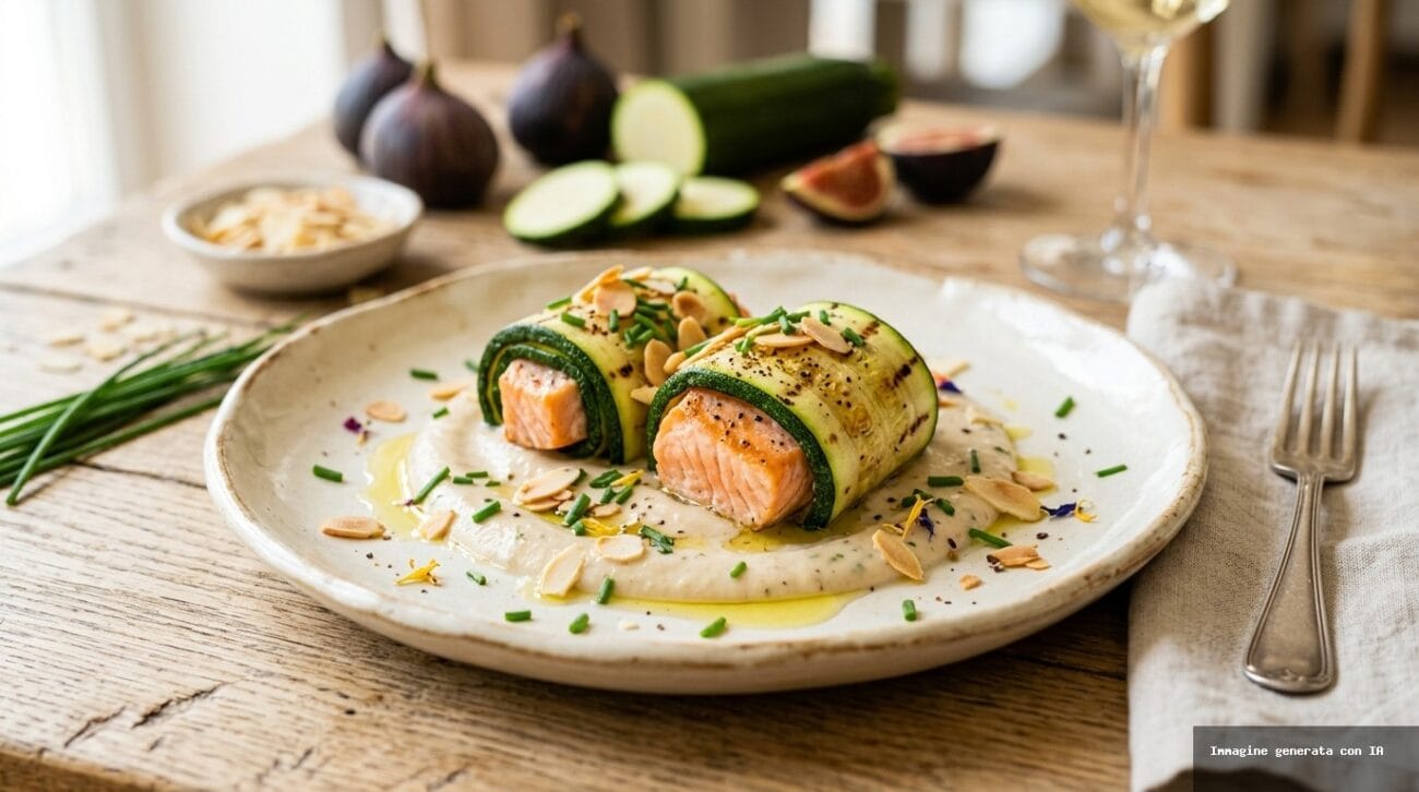 Involtini Di Zucchine E Salmone Croccante Con Crema Di Fichi