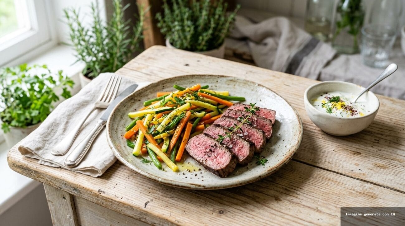 Manzo al Vapore con Julienne di Verdure Estive e Salsa allo Yogurt