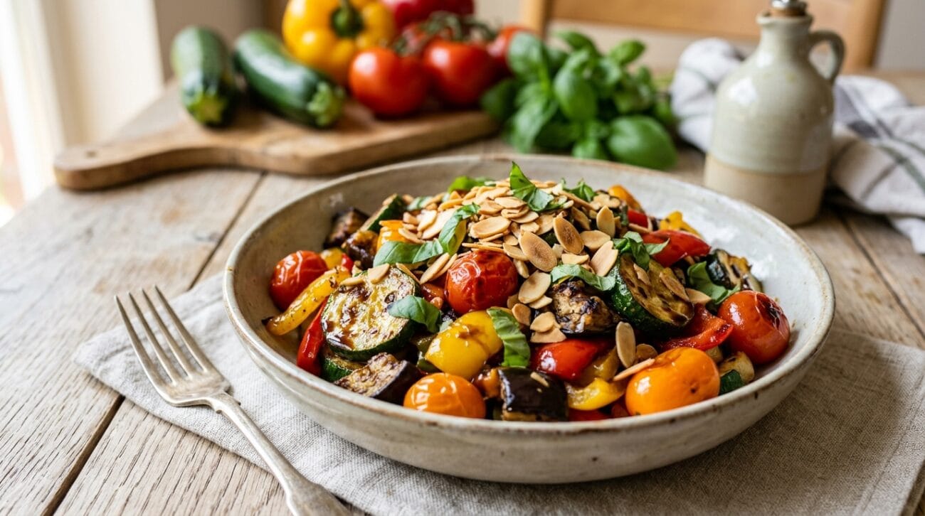 Padellata Arcobaleno di Verdure Estive con Mandorle e Glassa Balsamica