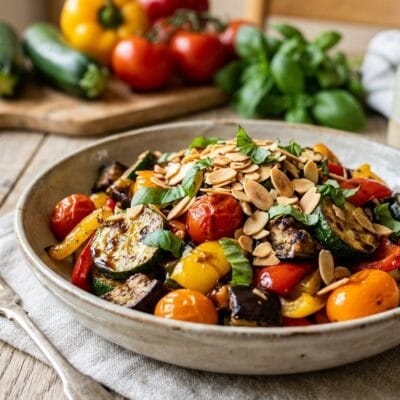 Padellata Arcobaleno di Verdure Estive con Mandorle e Glassa Balsamica