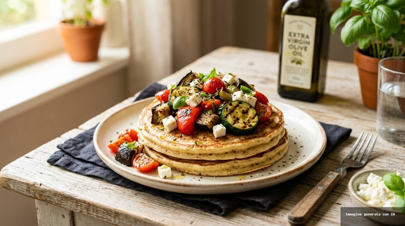 Pancake Salati allo Yogurt Greco con Insalata di Verdure Grigliate d’Estate