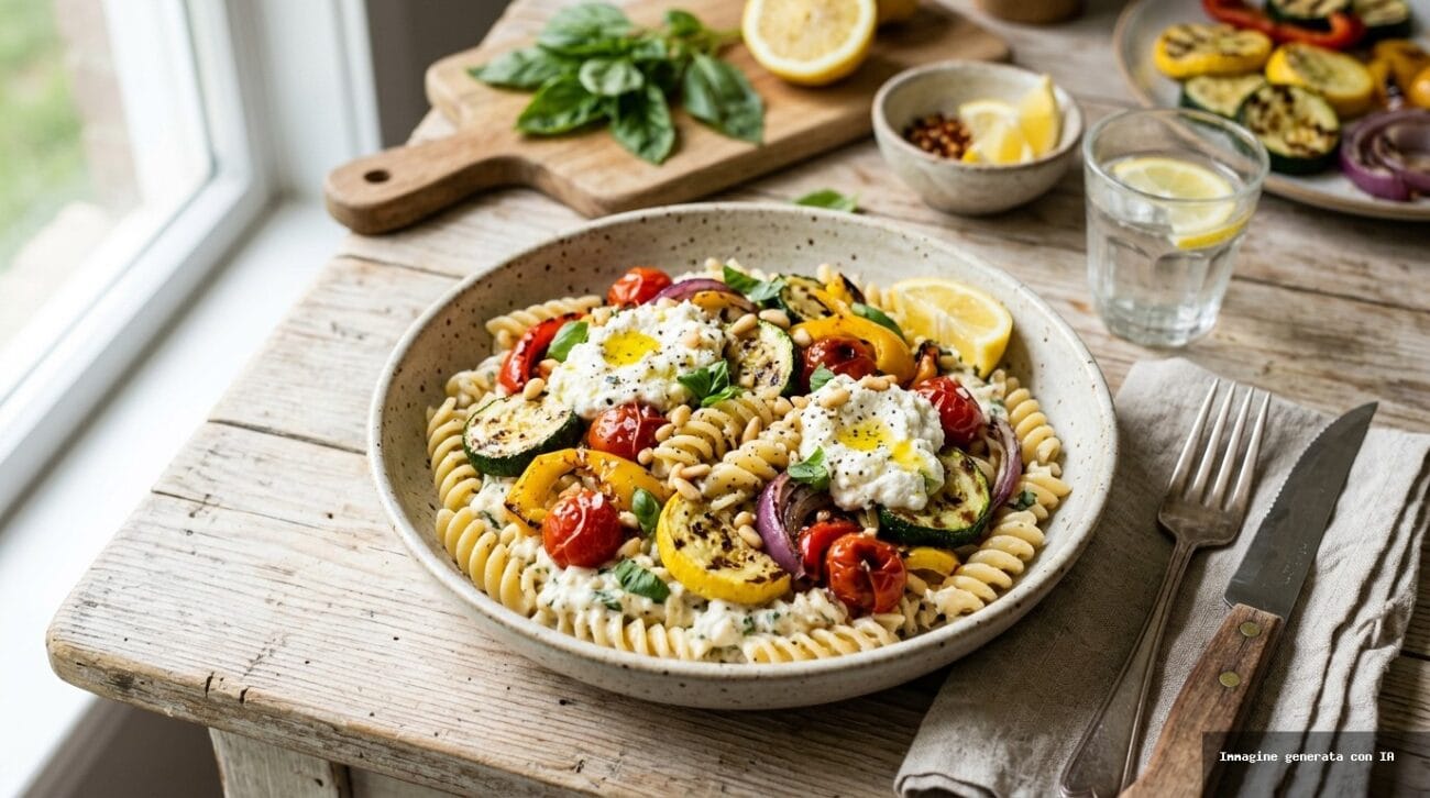 Pasta alla Griglia con Crema di Ricotta e Verdure Estive