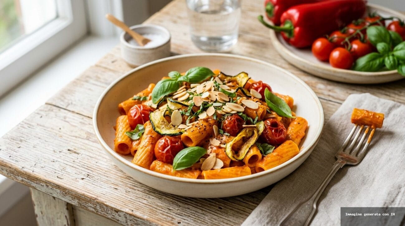 Pasta con Crema di Peperoni Arrosto e Pomodorini Confit alla Friggitrice ad Aria