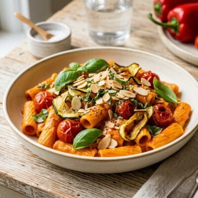 Pasta con Crema di Peperoni Arrosto e Pomodorini Confit alla Friggitrice ad Aria