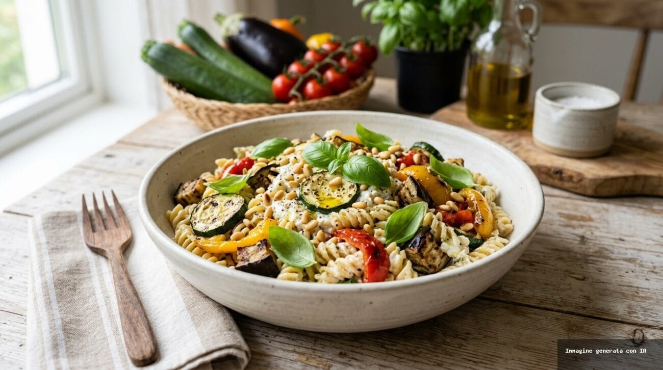 Pasta Fredda alla Griglia con Crema di Ricotta, Basilico e Verdure d’Estate