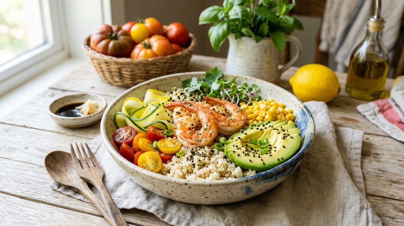 Poke Bowl Ai Gamberi Al Vapore Con Quinoa E Verdure D’Agosto