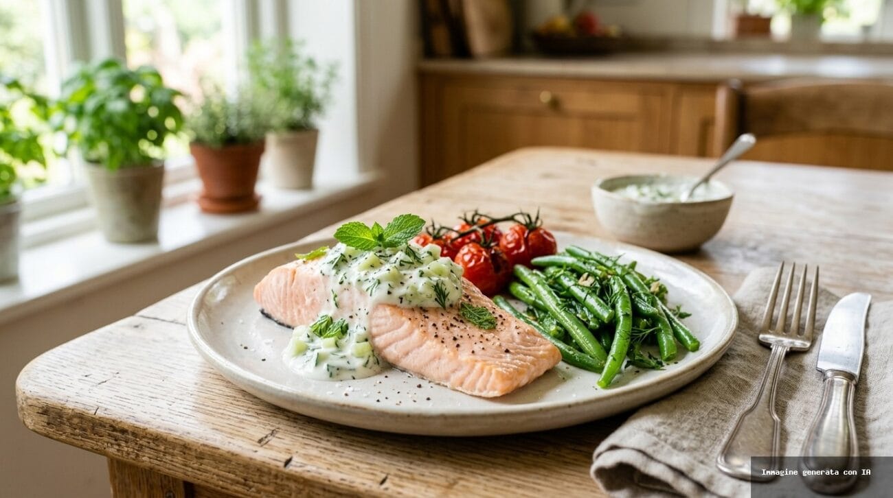 Salmone al Vapore con Crema di Yogurt Menta e Cetriolo