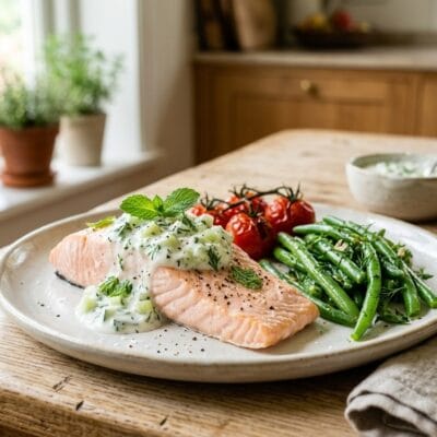 Salmone al Vapore con Crema di Yogurt Menta e Cetriolo