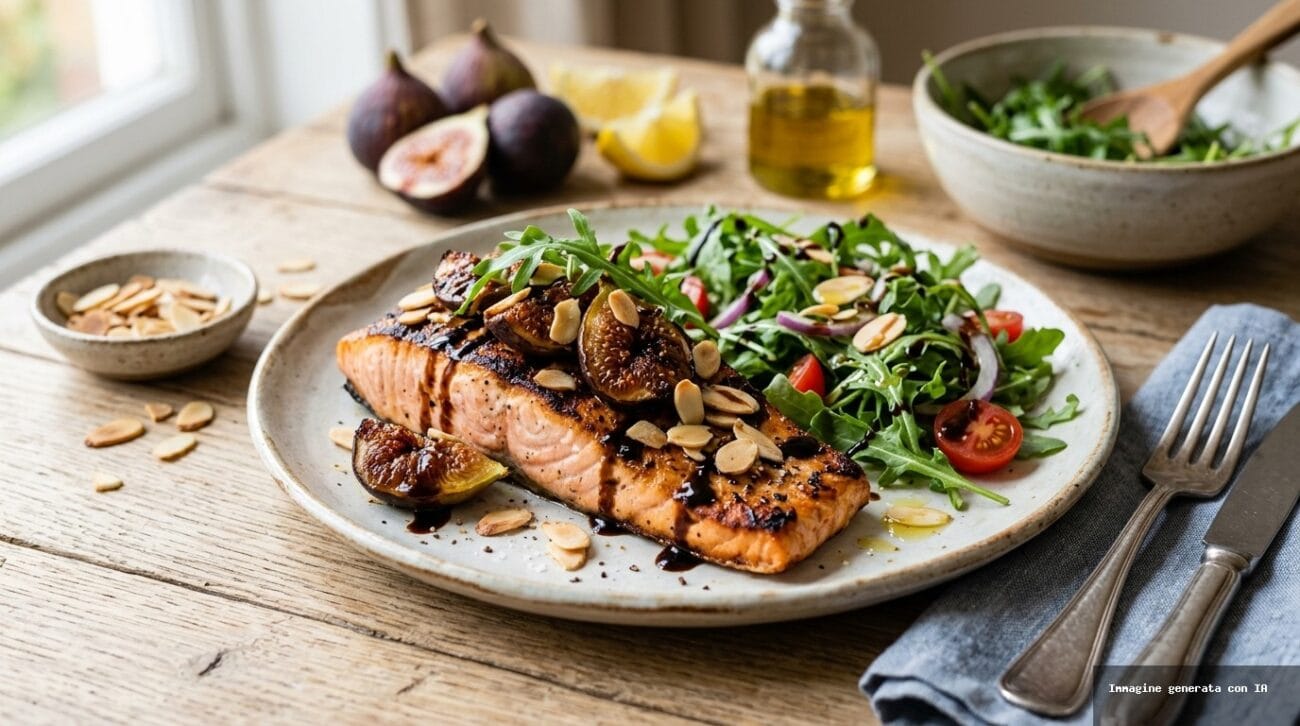 Salmone alla Griglia con Fichi Caramelizzati e Rucola
