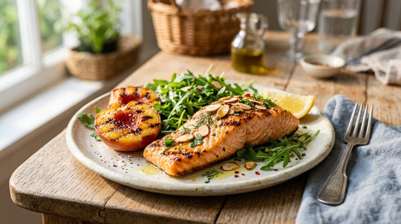 Salmone Alla Griglia Con Pesche Grigliate E Rucola Croccante