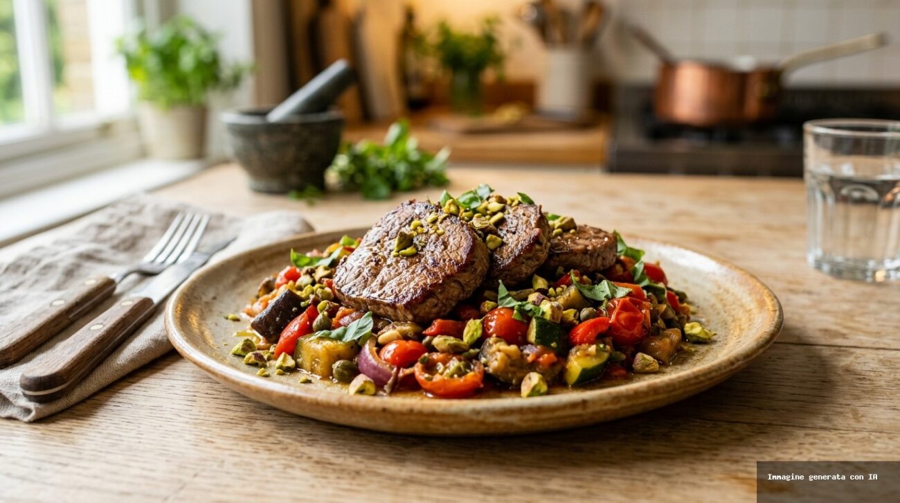 Scaloppine di Manzo con Caponata Estiva e Granella di Pistacchi