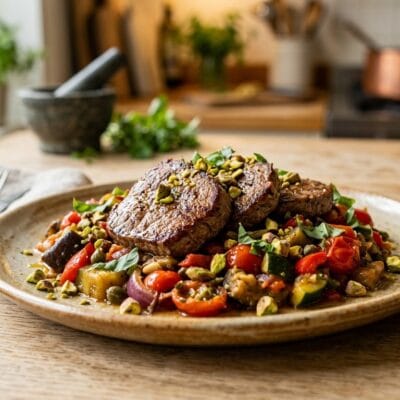 Scaloppine di Manzo con Caponata Estiva e Granella di Pistacchi