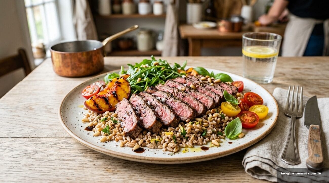 Tagliata Di Manzo Grigliata Con Farro Pesche E Rucola