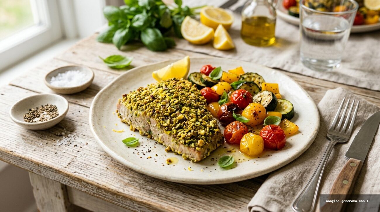 Tonno Fresco al Forno in Crosta di Pistacchi con Zucchine e Pomodorini Confit