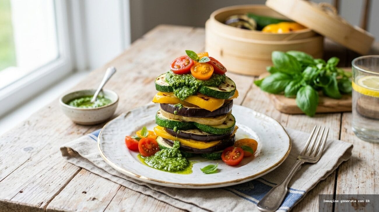 Torre di Verdure Estive al Vapore con Salsa al Basilico