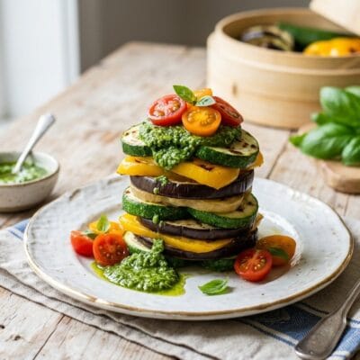Torre di Verdure Estive al Vapore con Salsa al Basilico