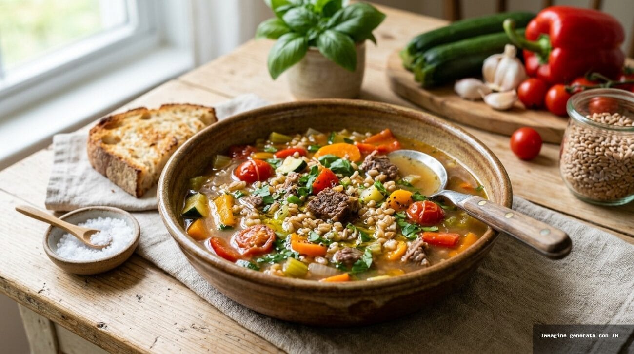 Zuppa di Manzo e Farro con Verdure Estive