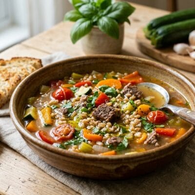 Zuppa di Manzo e Farro con Verdure Estive