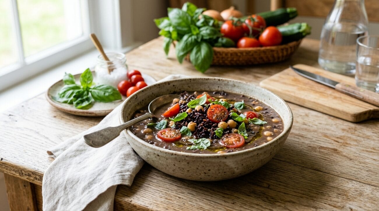 Zuppa Di Riso Venere Ceci E Pomodorini