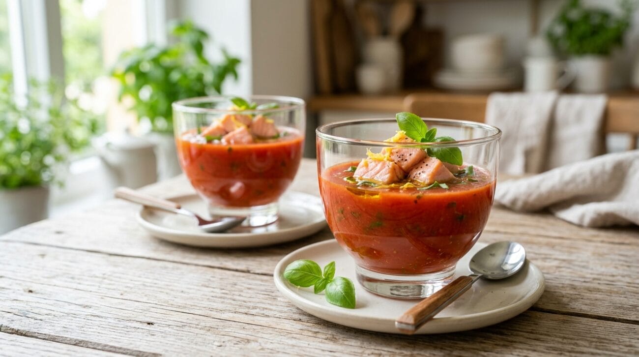 Zuppetta Fredda di Pomodoro e Basilico con Salmone Affogato