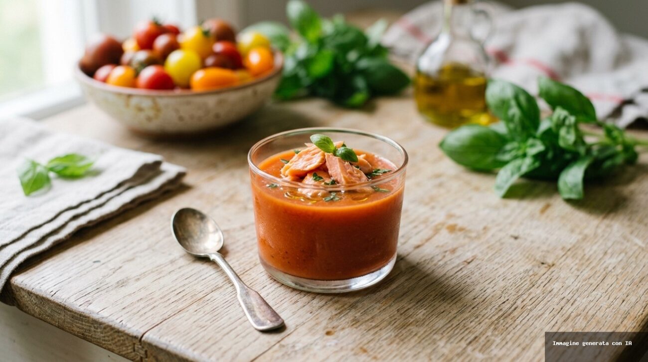 Zuppetta Fredda di Pomodoro e Basilico con Salmone Pochato