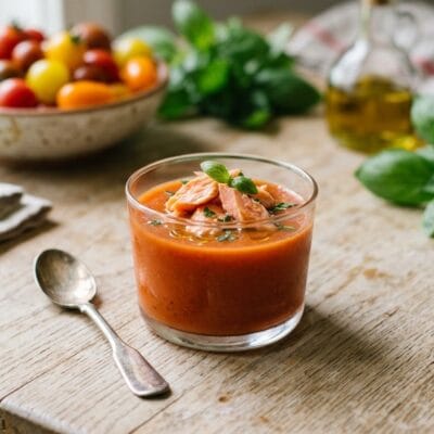 Zuppetta Fredda di Pomodoro e Basilico con Salmone Pochato