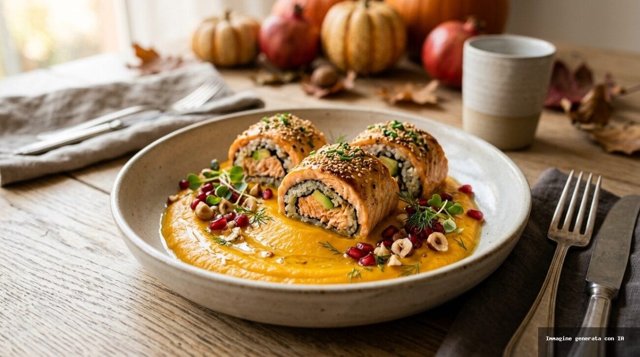 Girelle di Salmone al Forno su Crema di Zucca e Melograno
