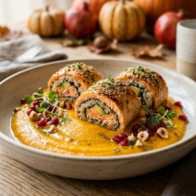 Girelle di Salmone al Forno su Crema di Zucca e Melograno