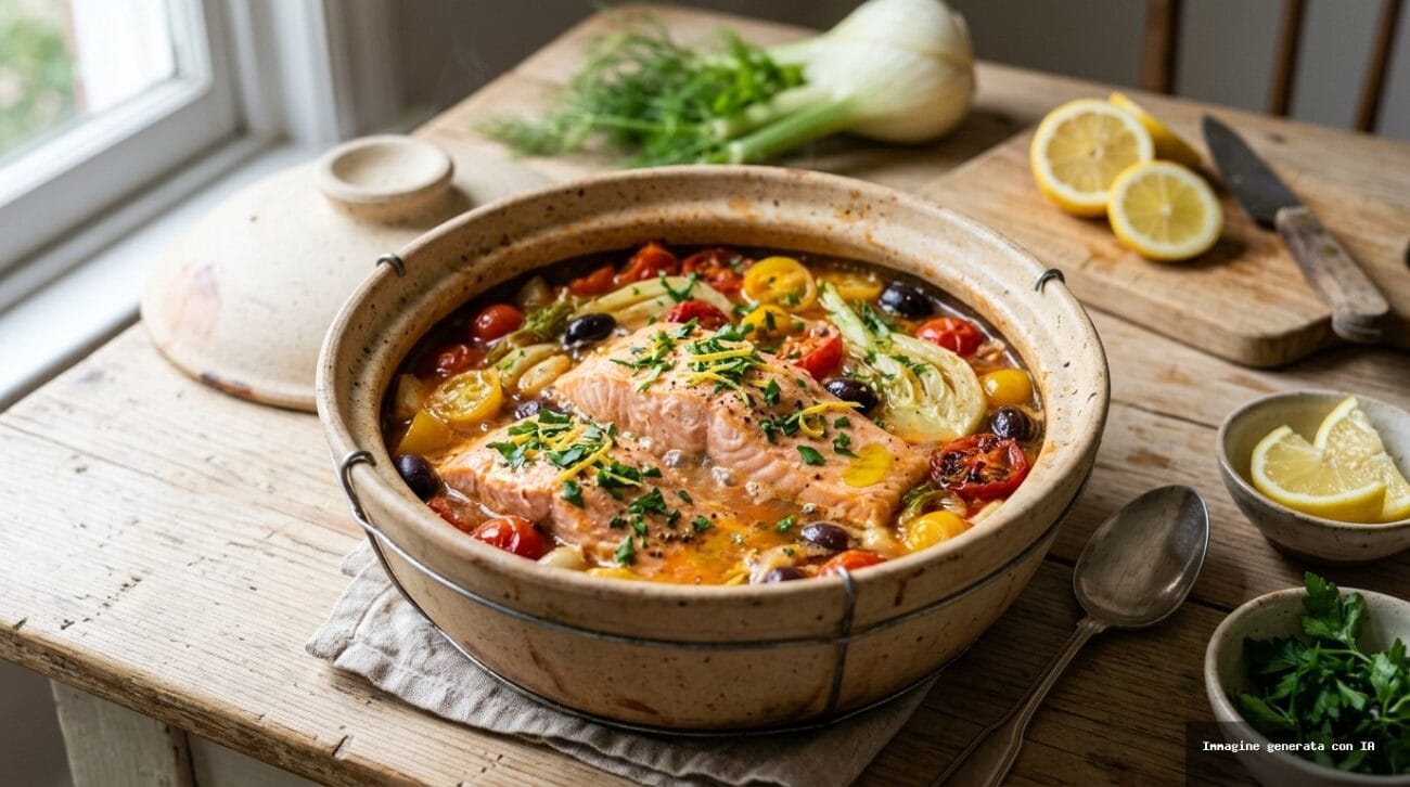 Guazzetto di Salmone con Finocchi e Pomodorini in Pentola