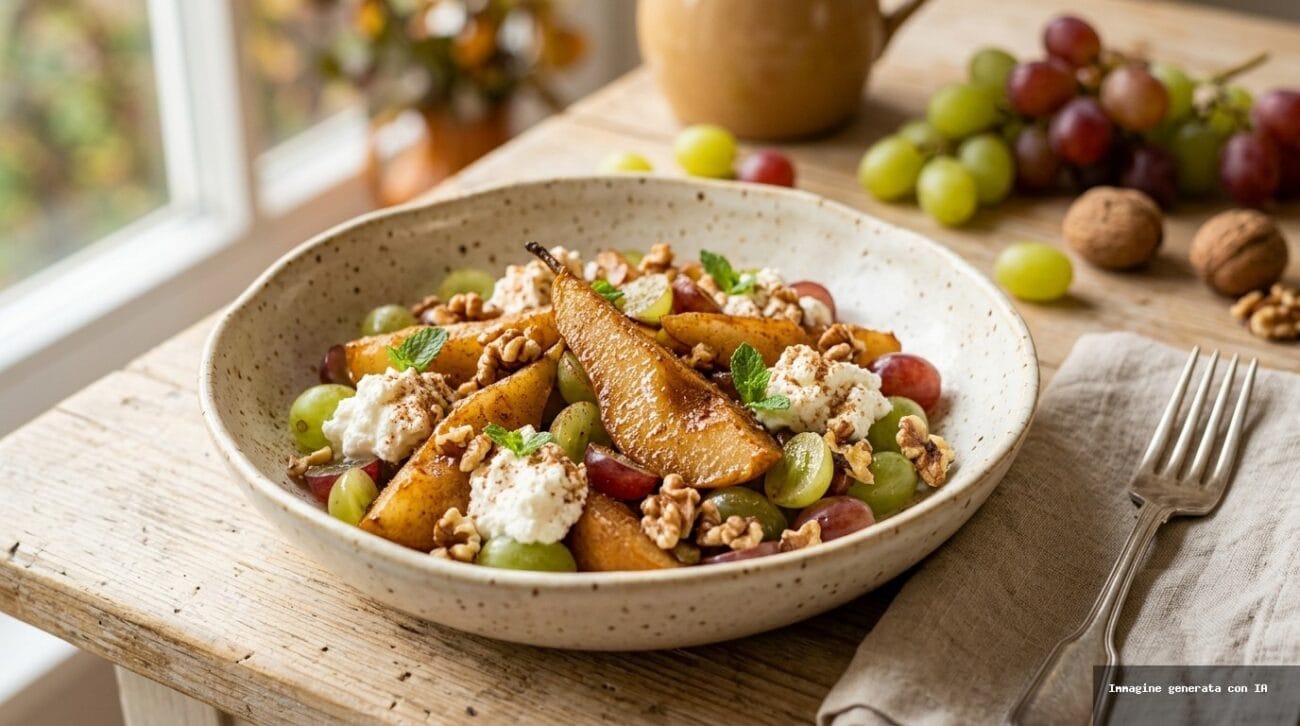 Insalata Dolce di Pere Caramellate e Uva con Crema di Ricotta e Noci
