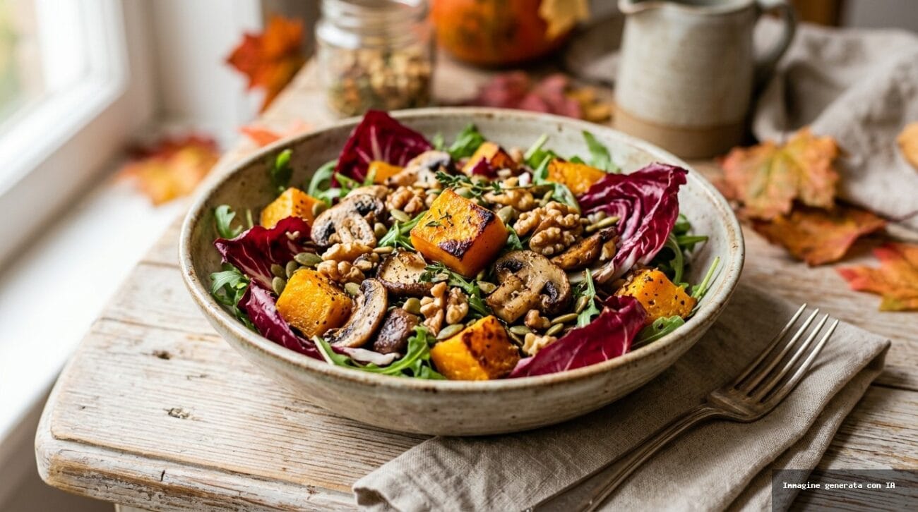 Insalata Tiepida di Zucca, Radicchio e Funghi con Granella di Noci