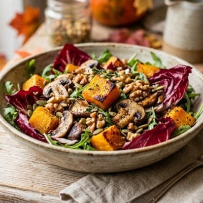 Insalata Tiepida di Zucca, Radicchio e Funghi con Granella di Noci