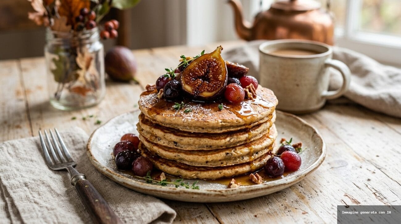 Pancake Proteici allo Yogurt Greco con Fichi e Uva Caramellati