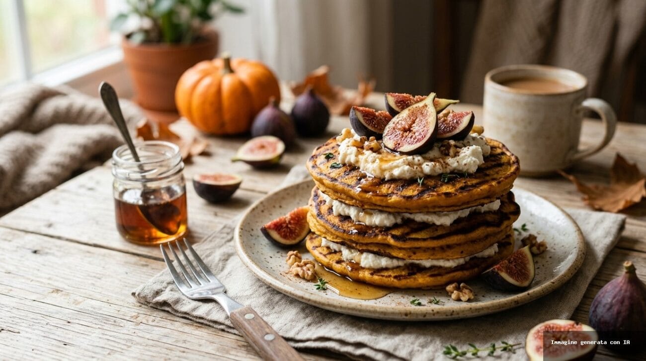Pancake Proteici alla Zucca Grigliati con Fichi e Ricotta