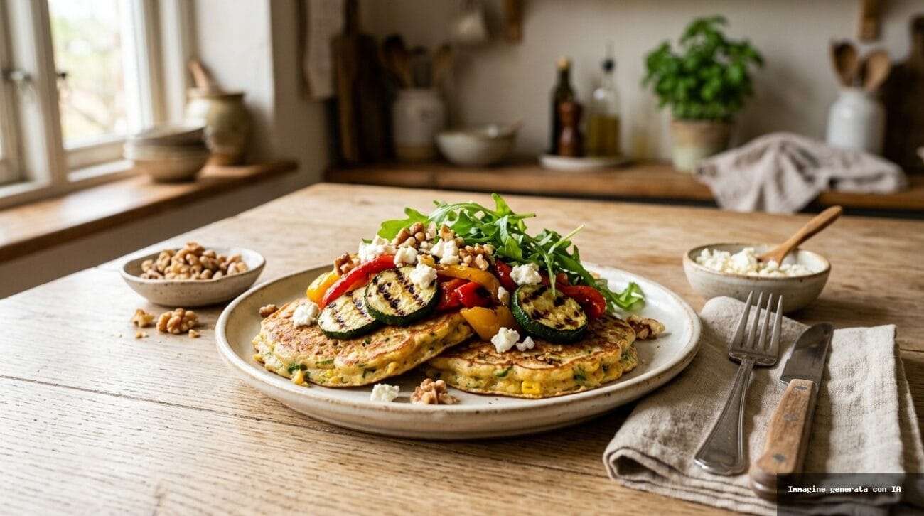 Pancake Salati Allo Yogurt Greco Con Insalata Tiepida Di Verdure Grigliate