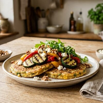 Pancake Salati Allo Yogurt Greco Con Insalata Tiepida Di Verdure Grigliate